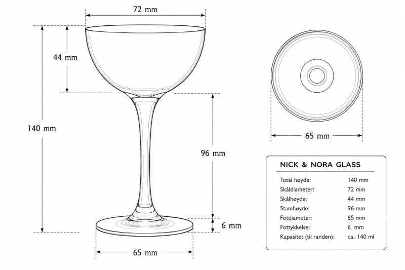 Teknisk tegning av Nick og Nora glass